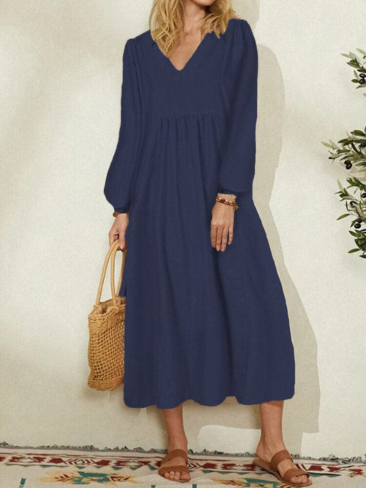 Robe Midi Élégance Bohème – Décolleté en V, Manches Longues, Taille Empire, Silhouette Aérienne