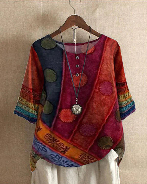 Tunica Boho Donna – Top lungo con motivo etnico e abbottonatura | Casual e colorato
