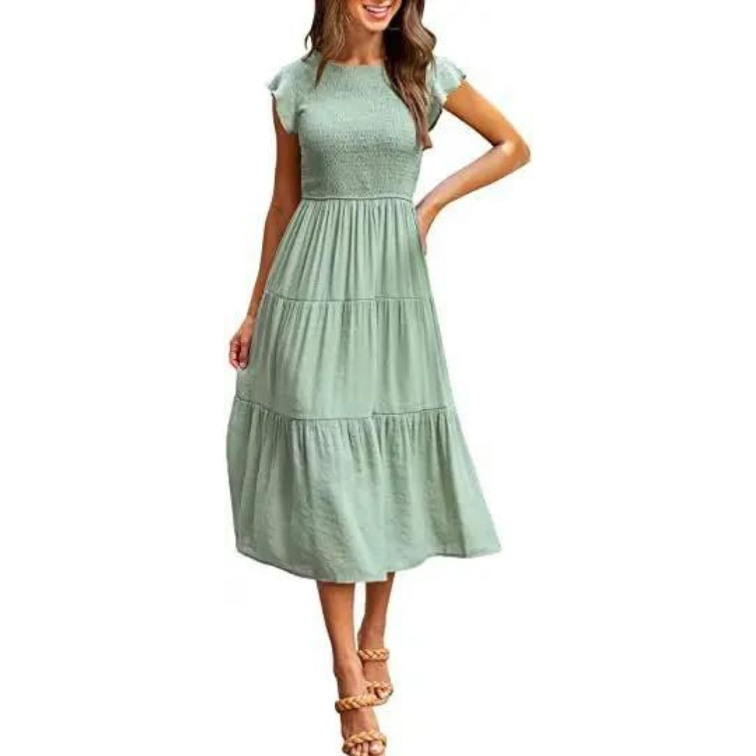 Damen Sommerkleid mit Smok-Oberteil – Luftiges Midikleid mit kurzen Ärmeln & Stufenrock für Alltag & Urlaub