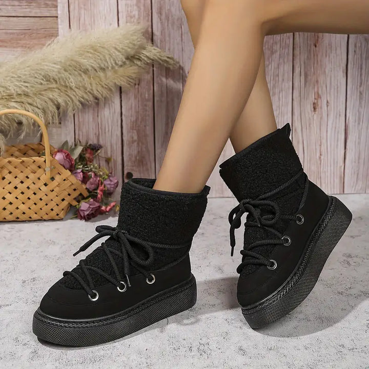 Bottes de neige mi-mollet, plateforme épaisse, semelle souple, lacets