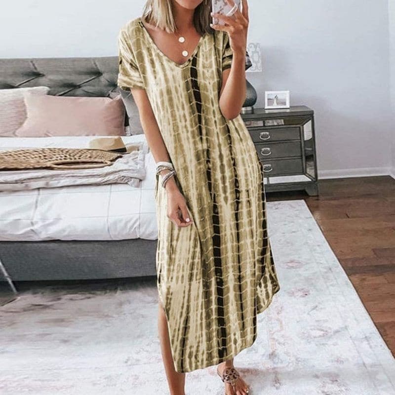 Elegante Boho-Chic Midi-Robe mit Tie-Dye Muster – V-Ausschnitt, Kurze Ärmel, Bequeme Passform