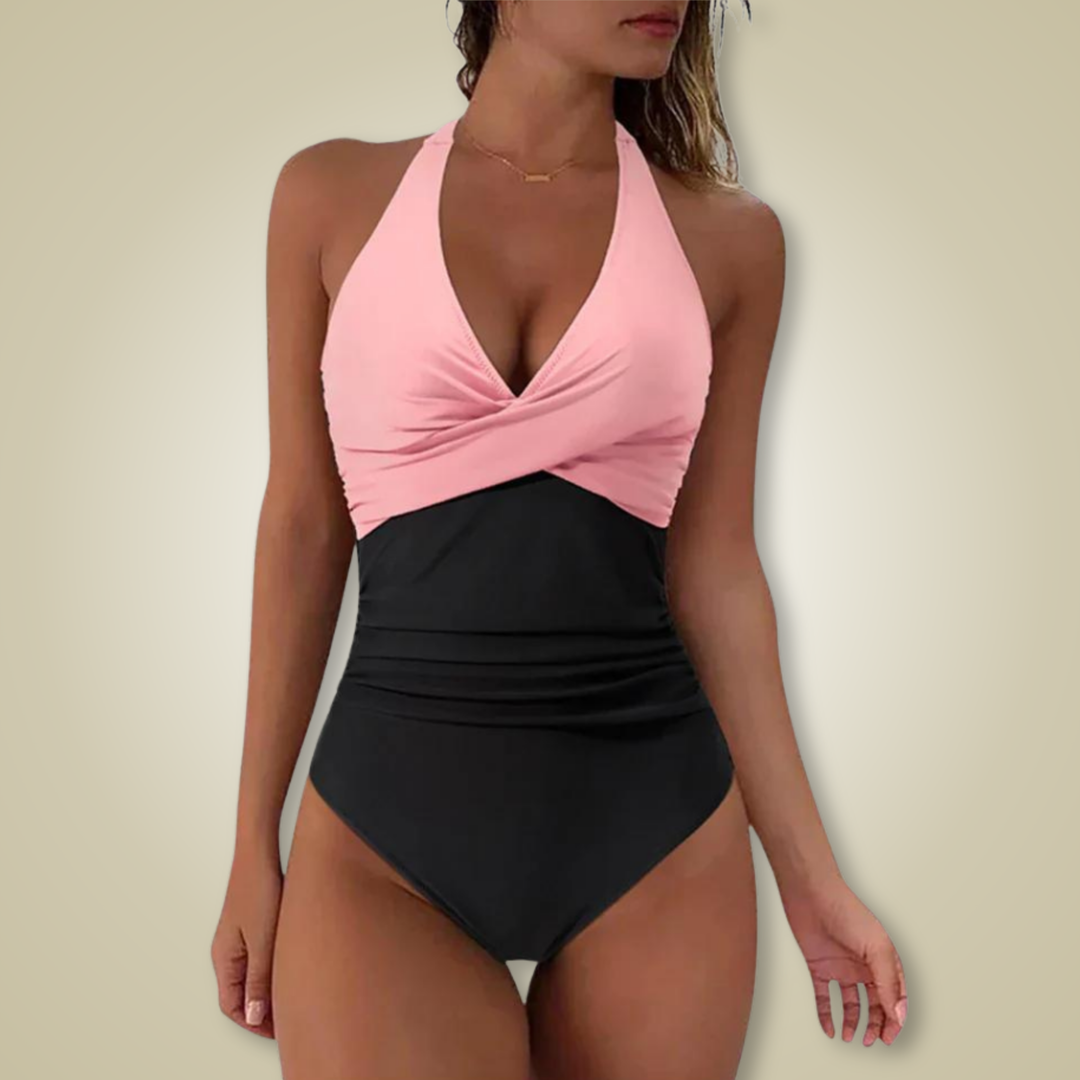 Maillot de bain femme avec effet cache-cœur et décolleté plongeant en V – Une-pièce gainant pour plage et piscine