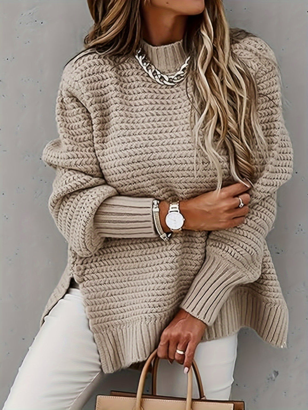 Vintage Baumwoll-Rollkragenpullover mit geteilten langen Ärmeln Pullover Damen | Perfekt für den Alltag