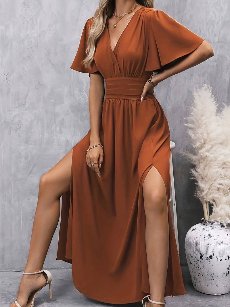Elegante vestito lungo da donna con spacco e effetto incrociato – vestito fluido con scollo a V per estate, sera ed eventi