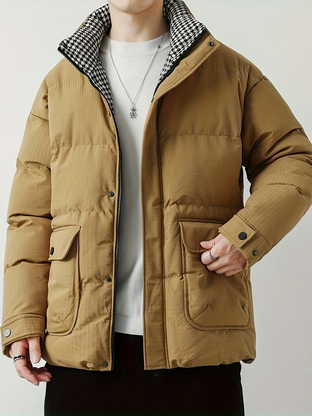 Veste d'hiver matelassée pour homme avec col montant – Veste de mi-saison chaude avec grandes poches et boutons-pression