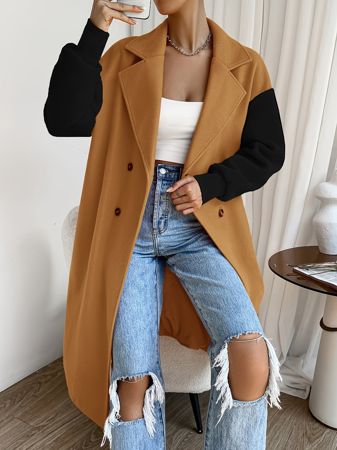 Trench elegante con dettaglio cintura e design antivento di media lunghezza per donna | Ideale per l'autunno