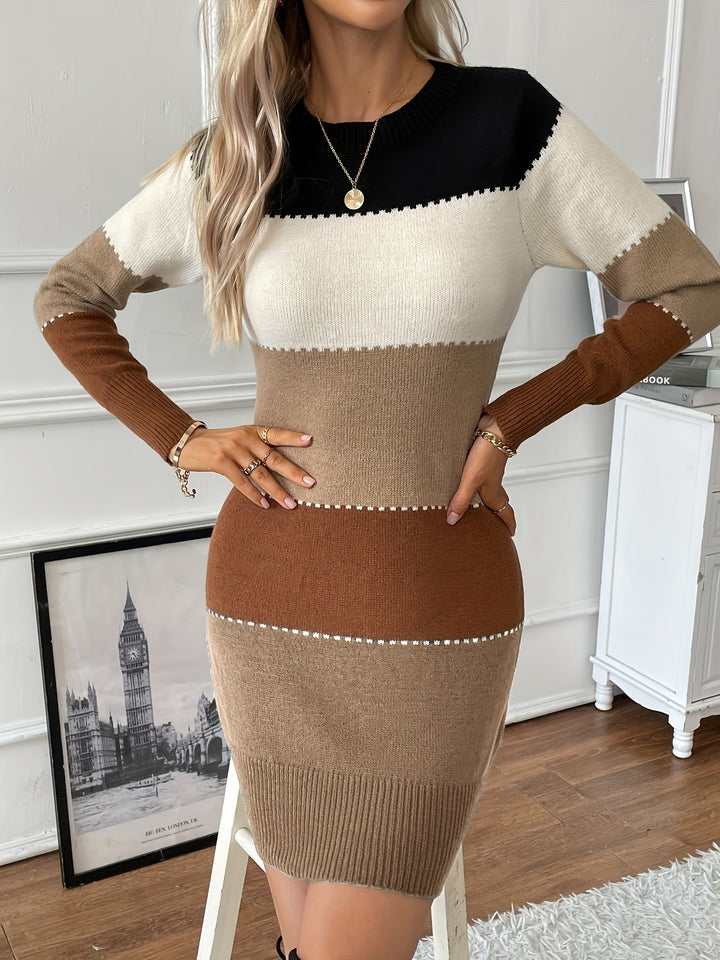 Robe formelle élégante en coton à manches longues avec bloc de couleur et col rond pour femmes | Idéal pour les occasions formelles