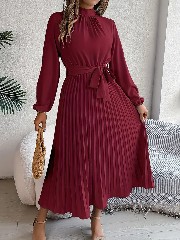Elegante abito midi plissettato con cintura – abito a maniche lunghe da donna per ufficio e occasioni speciali