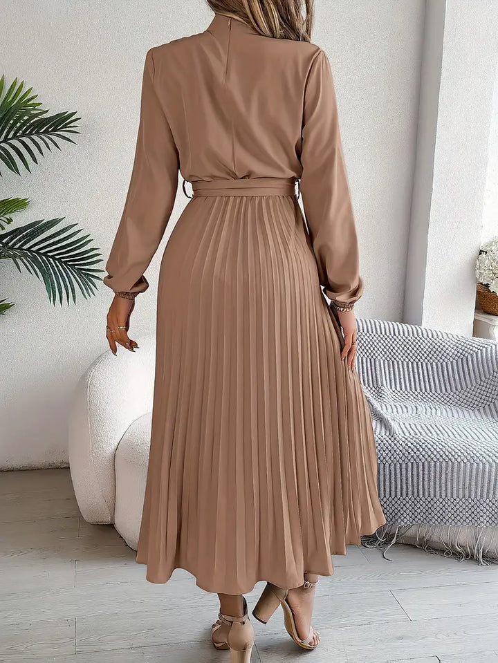 Elegante abito midi plissettato con cintura – abito a maniche lunghe da donna per ufficio e occasioni speciali