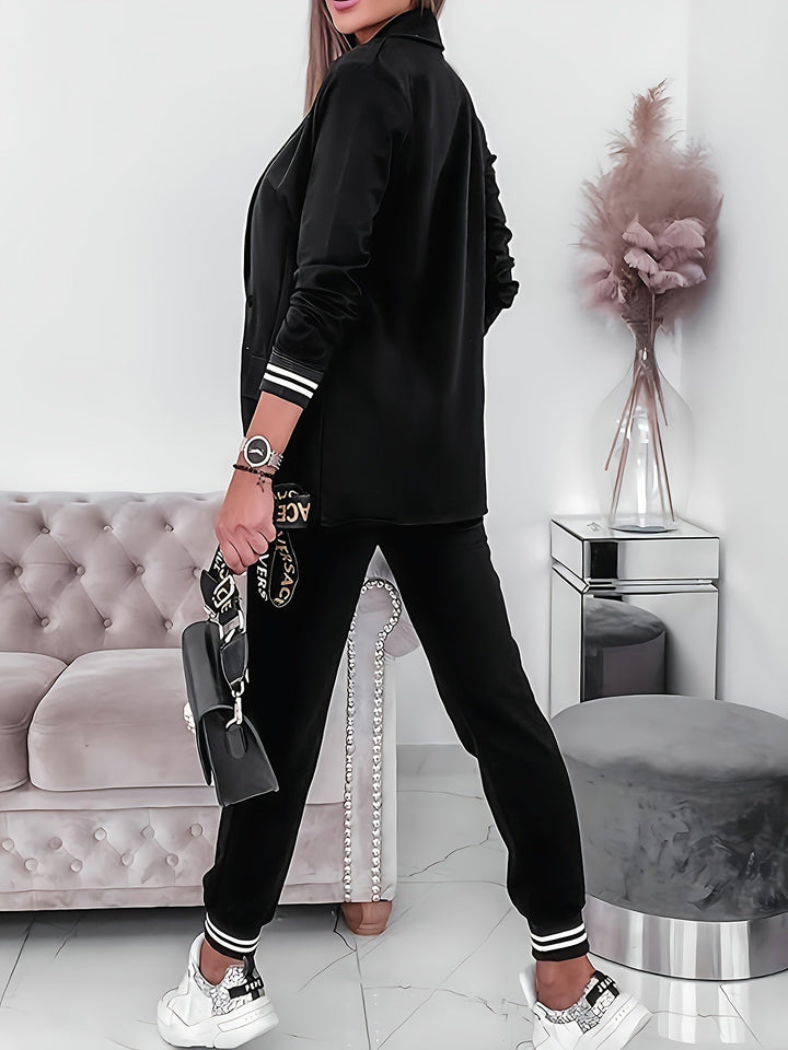 Casual Langarm Blazer Mit Klapptaschen & Hosen Outfit Set Für Damen | Perfekt für Freizeittage