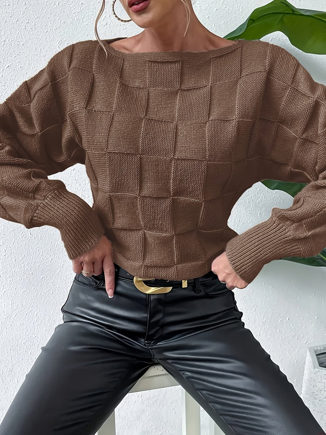 Vintage Baumwollpullover mit Boot-Ausschnitt und karierten Ärmeln Pullover Damen | Perfekt für lässige Tage