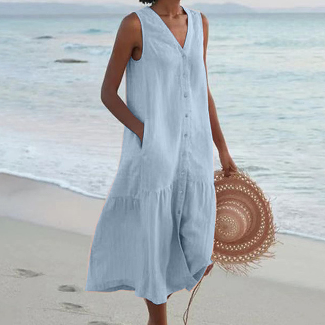 Vestito estivo senza maniche con abbottonatura e tasche – Leggero e arioso