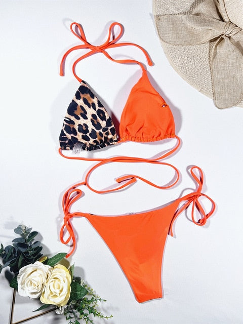 Set bikini sexy da donna con stampa leopardata e top a triangolo – da annodare per spiaggia e piscina