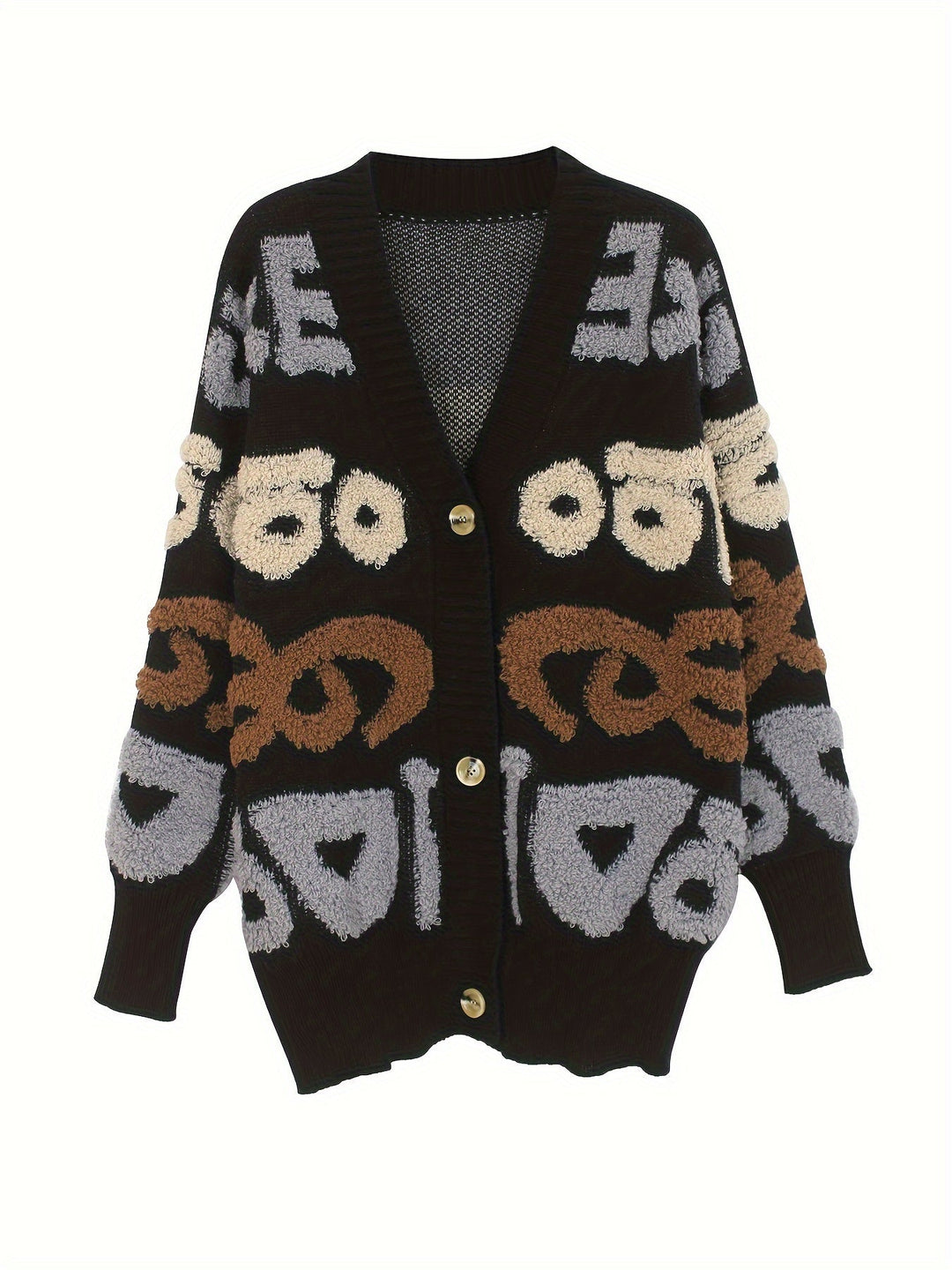 Lässiger Buchstabenmuster Knopf Unten Strickjacke Für Damen | Perfekt für lässige Tage