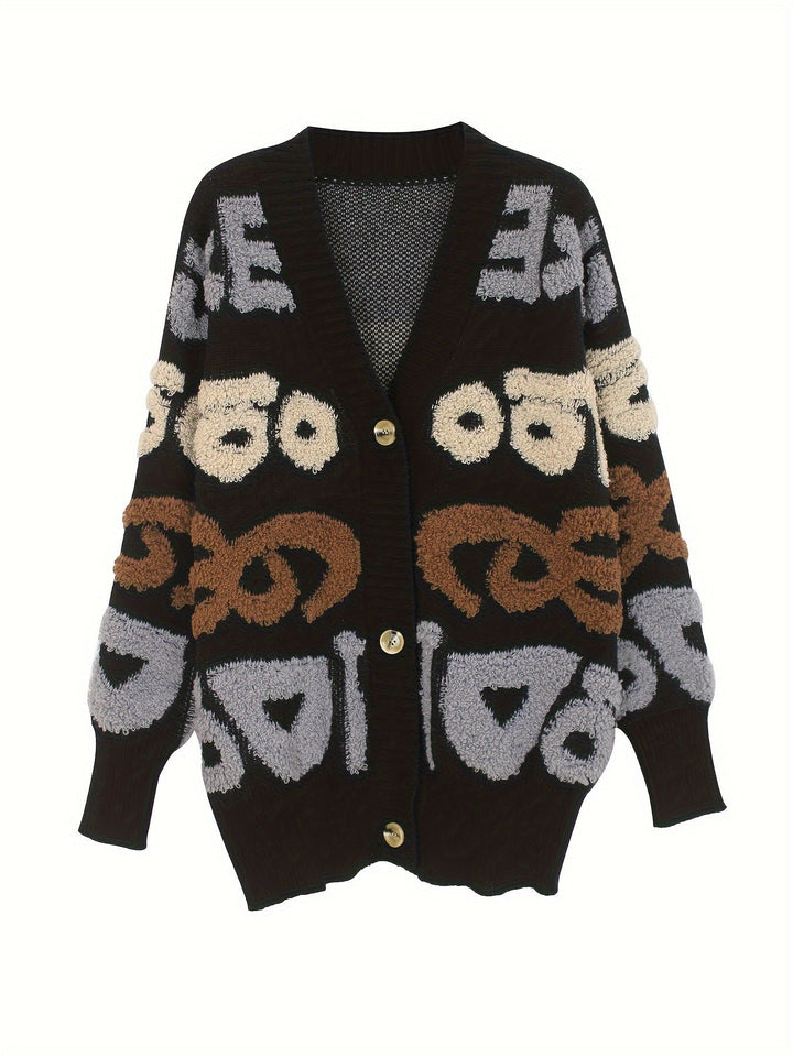 Lässiger Buchstabenmuster Knopf Unten Strickjacke Für Damen | Perfekt für lässige Tage