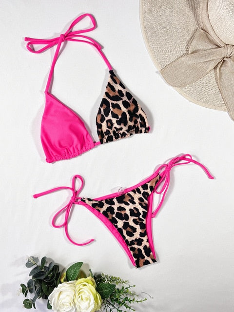 Set bikini sexy da donna con stampa leopardata e top a triangolo – da annodare per spiaggia e piscina