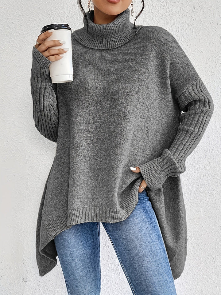 Vintage Baumwoll-Rollkragenpullover mit asymmetrischem Saum und langen Ärmeln Pullover Damen | Perfekt für den Alltag