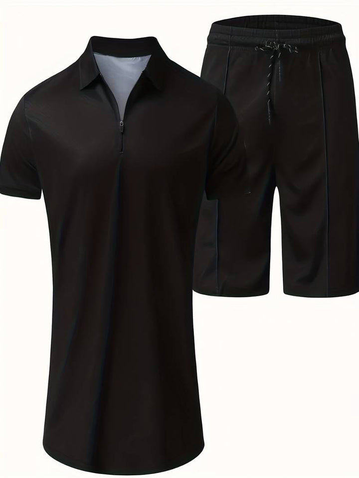 Herren Sommer Set mit Reißverschluss-Poloshirt & Shorts – Zweiteiliges Outfit mit Muster für Urlaub, Freizeit & Strand
