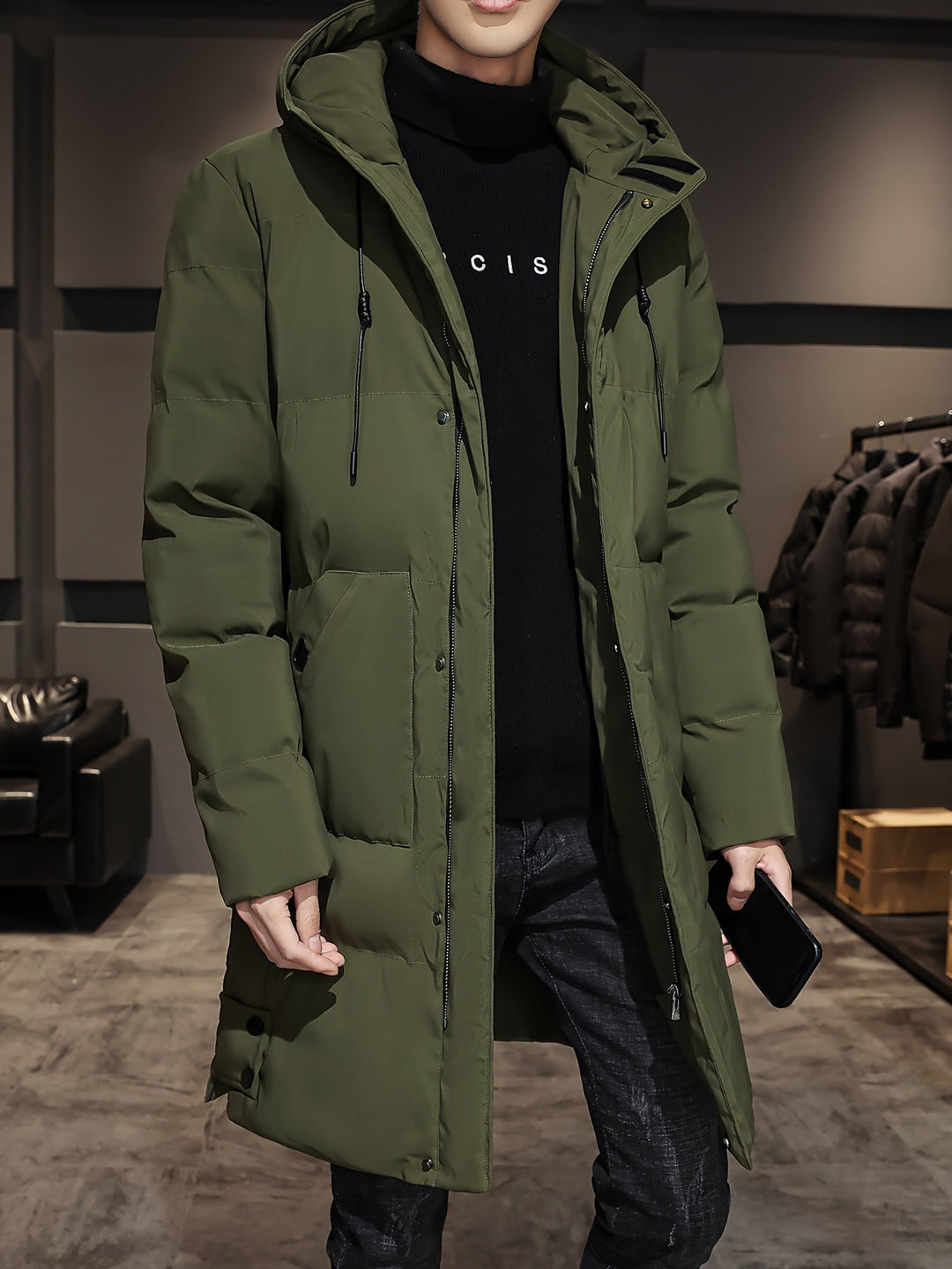 Veste longue noire chaude matelassée avec capuche en coton pour homme | Parfaite pour les activités de plein air