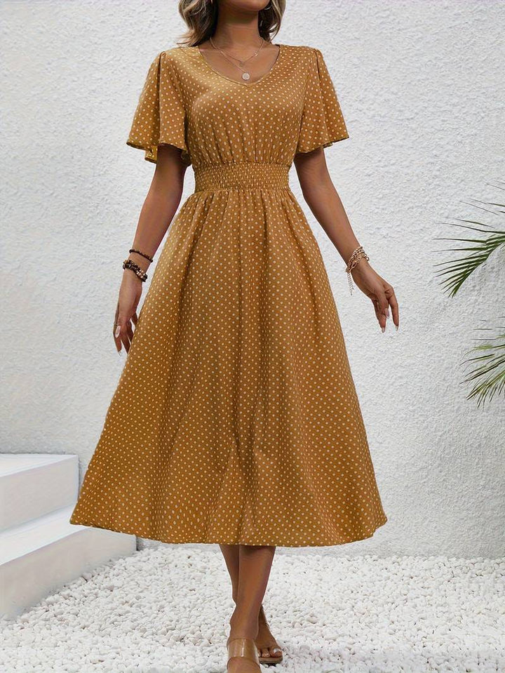 Abito midi da donna con pois e coulisse – Abito estivo arioso con scollo a V e maniche corte
