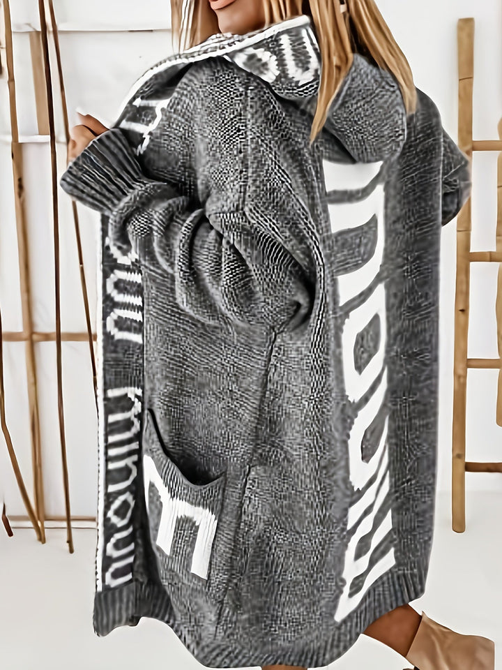 Lässiger Gedruckter Kragen Kapuzen Strickjacke Für Damen | Perfekt für entspannte Tage