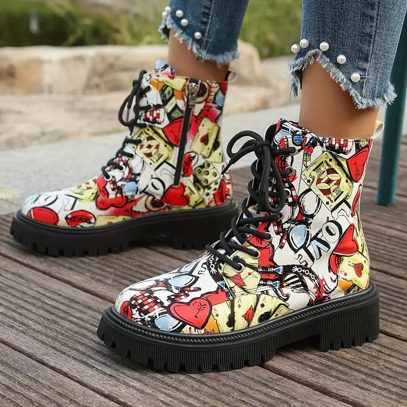 Bottines amusantes et festives avec imprimé cartoon, talon bas et fermeture éclair