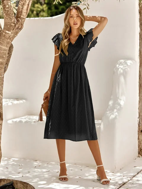 Abito estivo da donna nero – abito midi con maniche a volant, scollo a V e coulisse in vita per tutti i giorni e vacanze