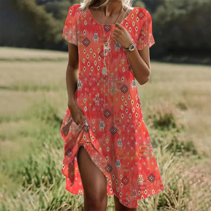 Boho Sommerkleid mit Ethno-Muster – Leichtes Kurzarmkleid mit lockerer Passform für Urlaub, Festival & Alltag