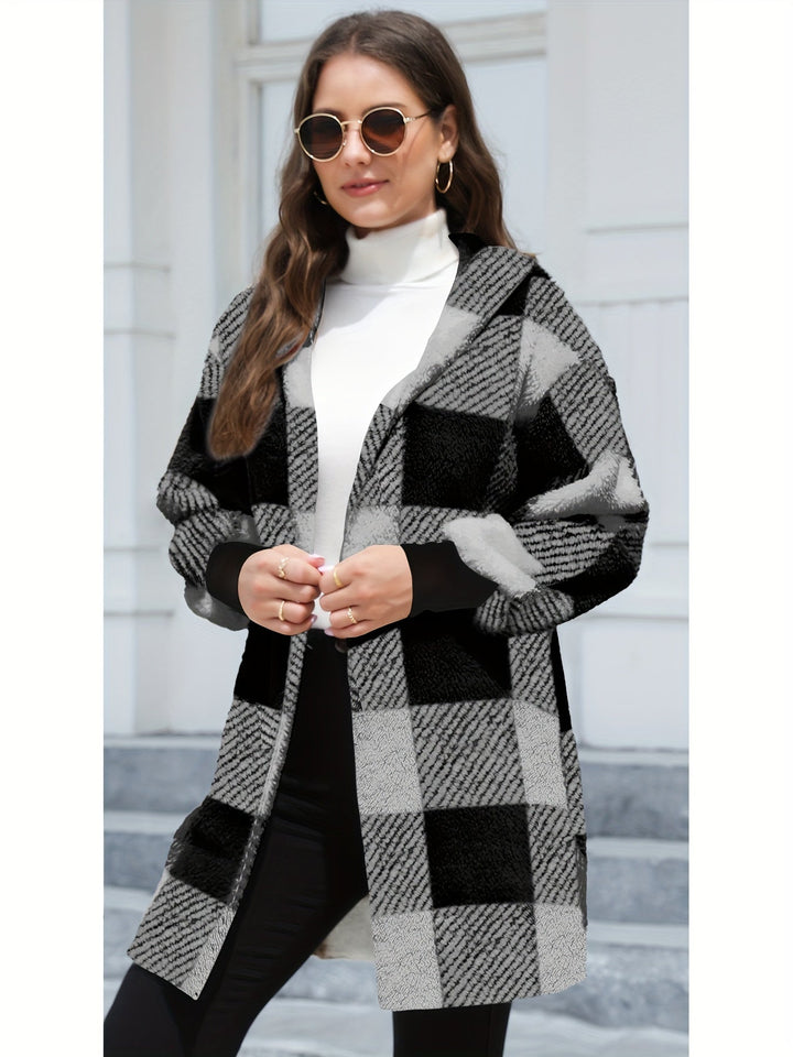 Lässiger hooded karierten Fleece-Strickwaren-Cardigan für Damen | Perfekt für den Alltag