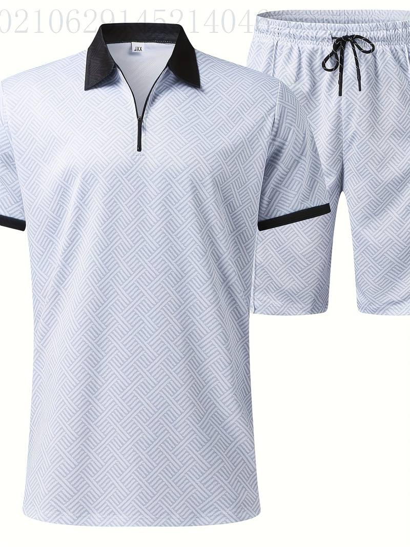 Herren Sommer Set mit Reißverschluss-Poloshirt & Shorts – Zweiteiliges Outfit mit Muster für Urlaub, Freizeit & Strand