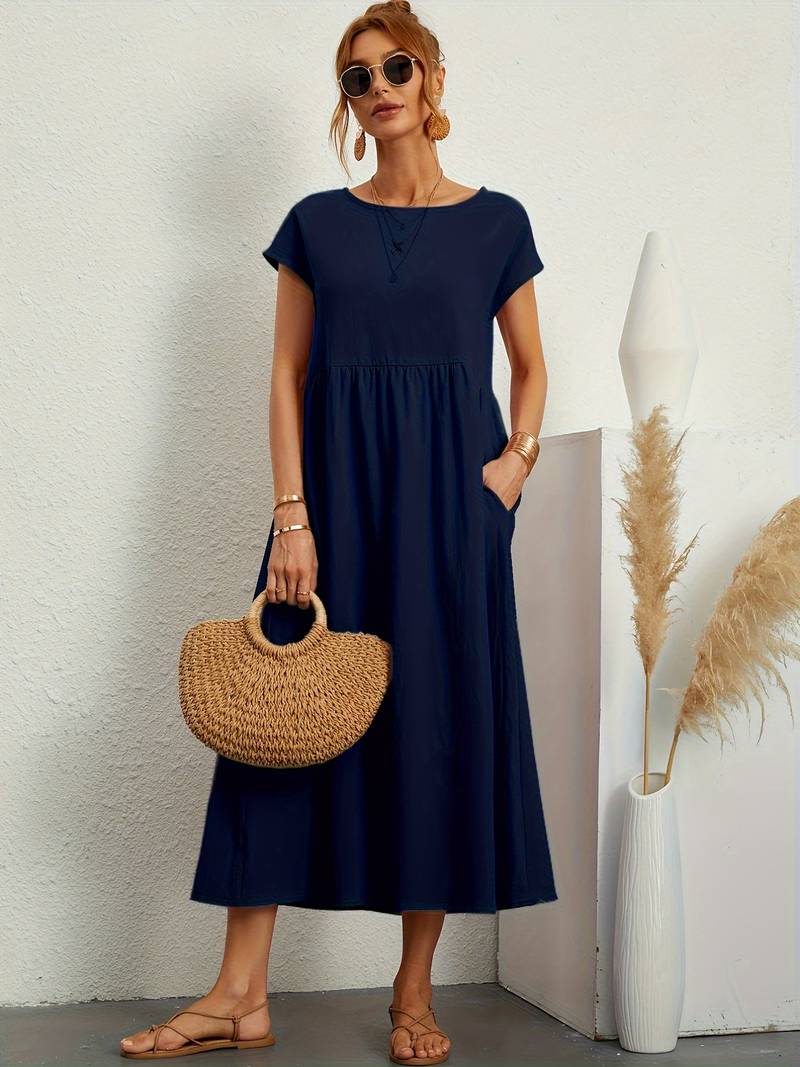 Luftiges Damen Sommerkleid – Casual Maxikleid mit Taschen & Rundhalsausschnitt