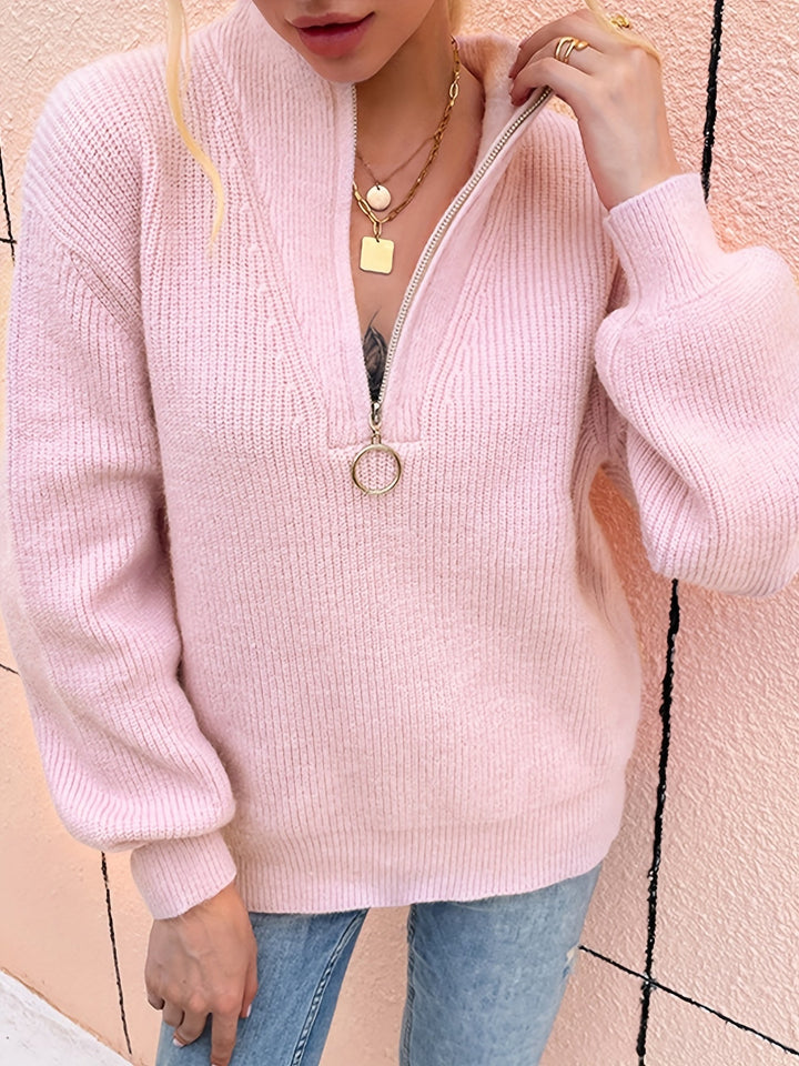 Pull en maille douillet pour femme avec fermeture éclair – Pull à demi-fermeture éclair doux au style décontracté