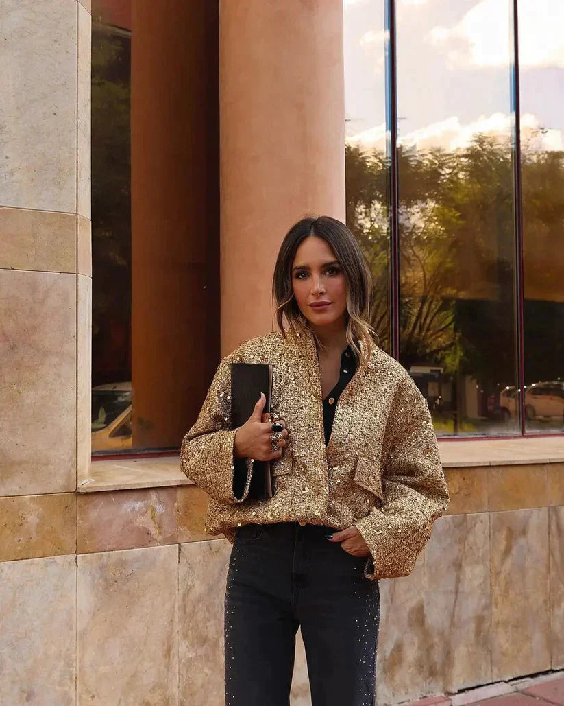 Veste bouclée carrée avec paillettes & coupe oversize – style blazer à la mode pour tenues spéciales