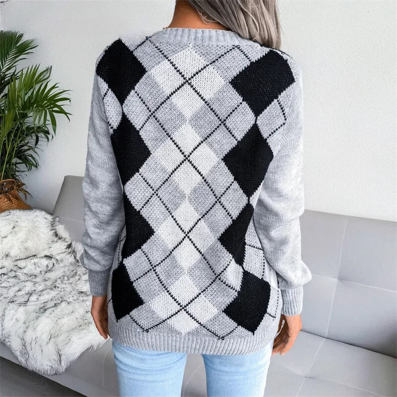 Natalia - pull d'hiver avec col en V et motif à carreaux
