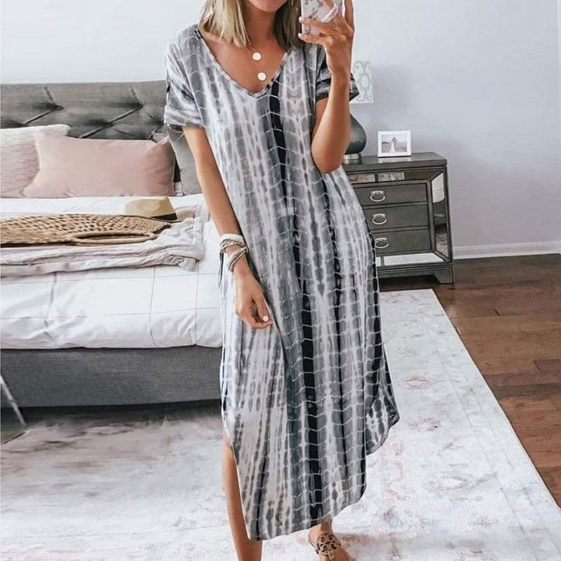 Elegante Boho-Chic Midi-Robe mit Tie-Dye Muster – V-Ausschnitt, Kurze Ärmel, Bequeme Passform