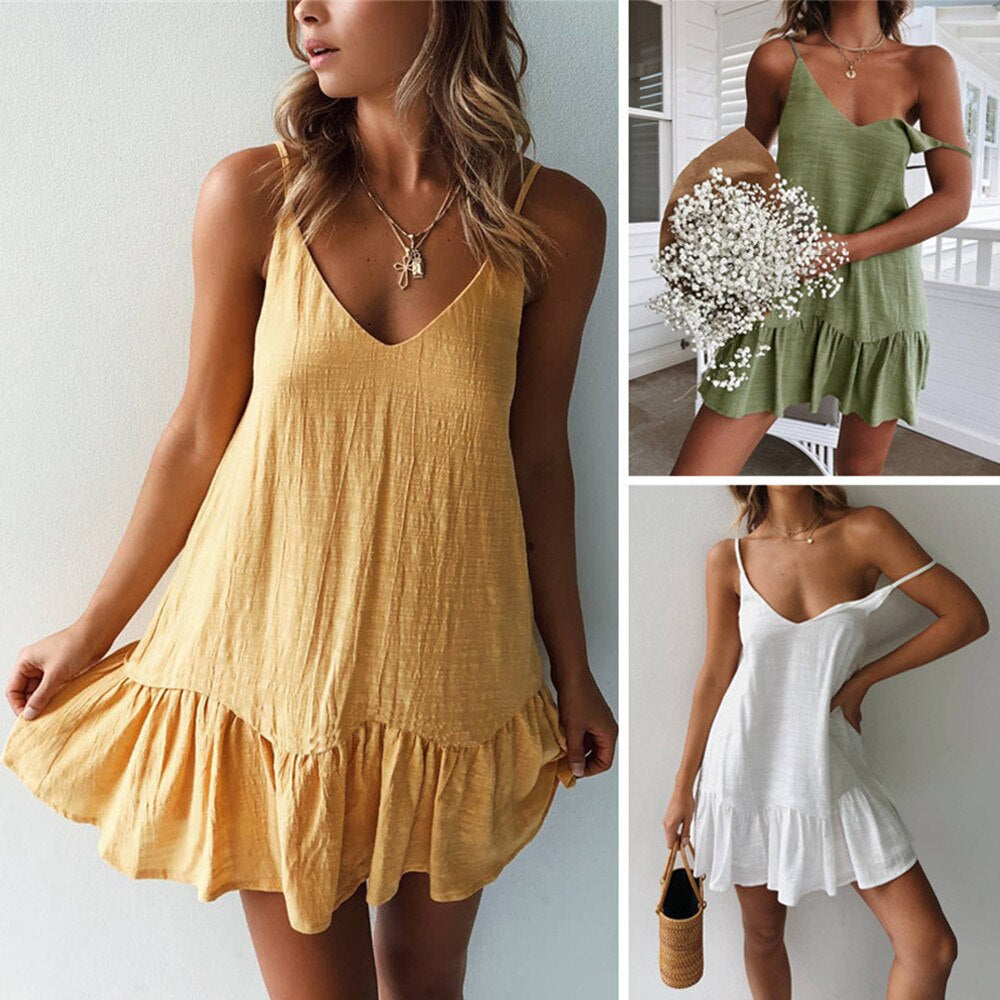 Vestito estivo da donna con spalline sottili – vestito corto arioso con volant e scollo a V per spiaggia e uso quotidiano