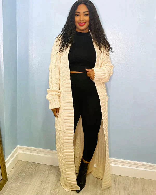 Cardigan long en tricot avec motif torsadé et poches – Manteau oversize douillet pour l'automne, l'hiver et les loisirs