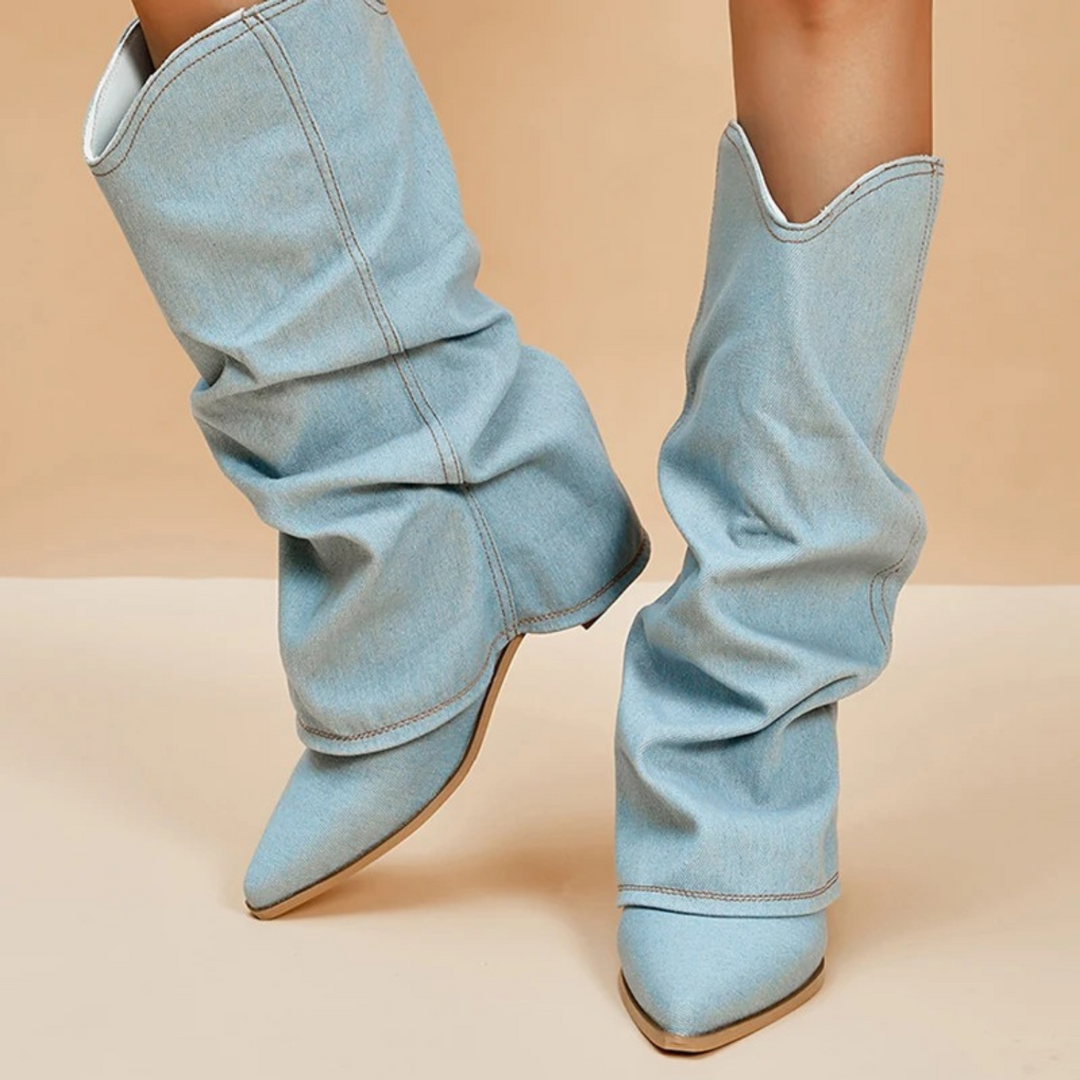 Franjes - bottes en denim plissées avec talon bloc