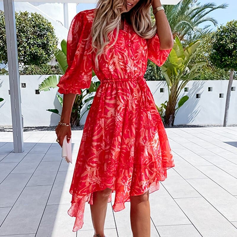 Robe Florale Blossom Breeze – Décolleté en V, Taille Élastique, Manches Flottantes