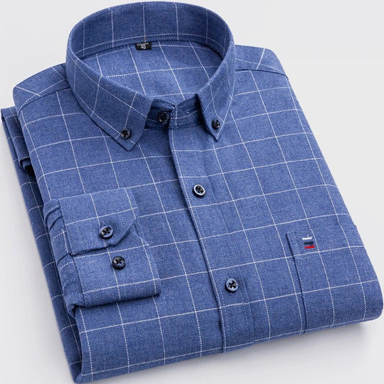 Chemise à carreaux pour homme avec col boutonné – Chemise à manches longues pour affaires et loisirs au bureau et au quotidien