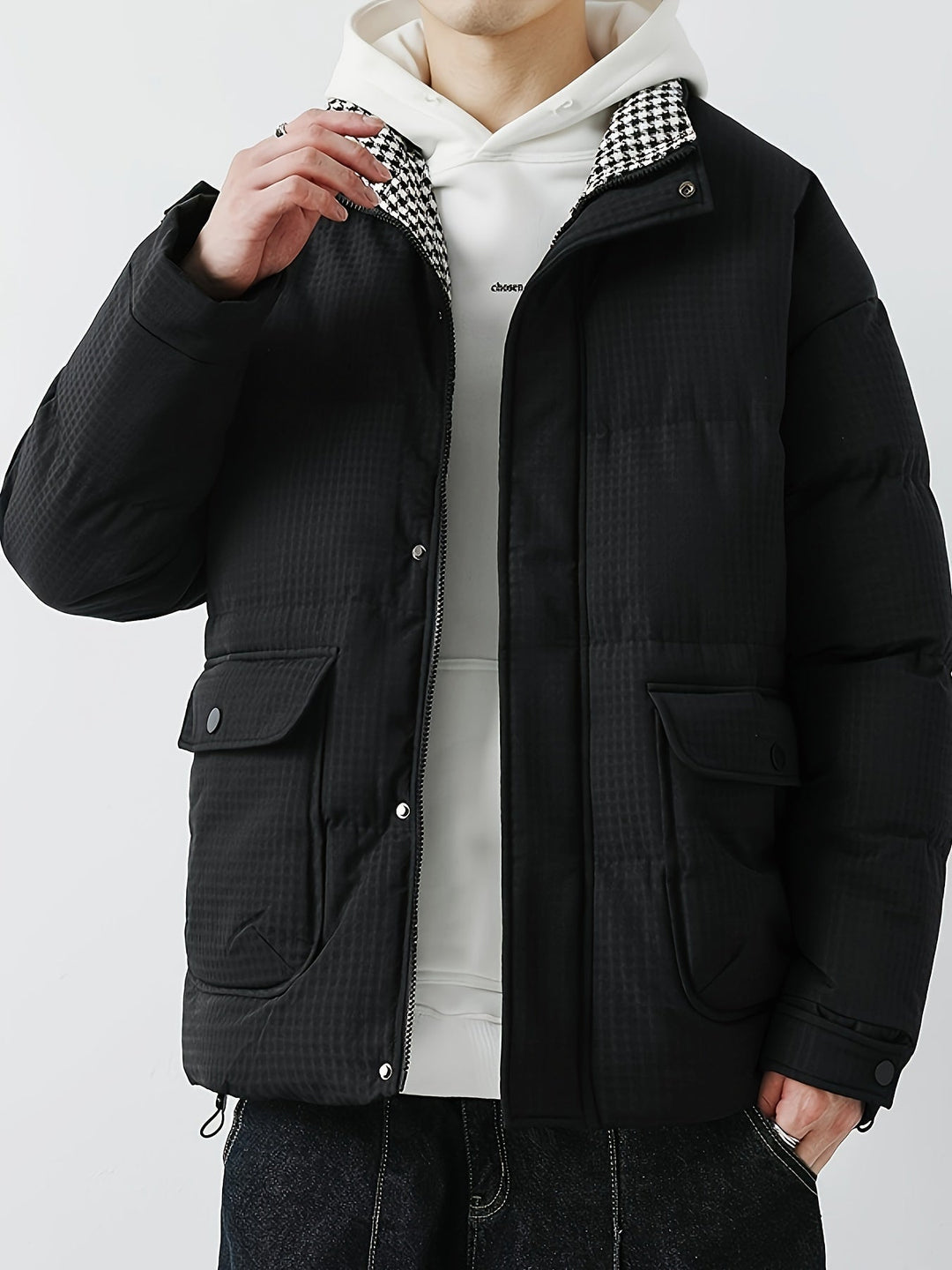 Veste d'hiver matelassée pour homme avec col montant – Veste de mi-saison chaude avec grandes poches et boutons-pression