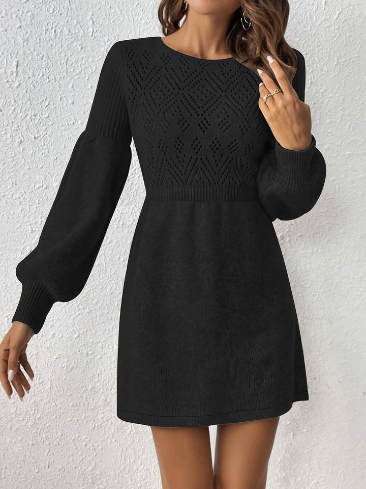 Warm Lochstickerei Solide Farbe Strick Laternen Ärmel A-Linie Geraffte Taille Formelles Kleid Für Frauen | Ideal für formelle Anlässe