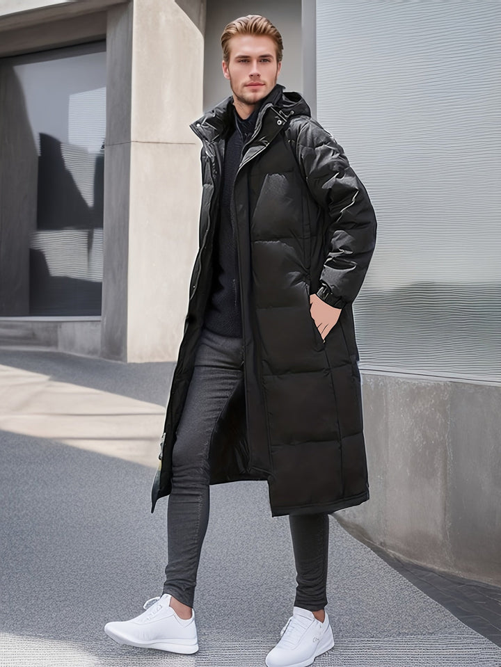 Veste d'hiver chaude longue matelassée noire à capuche en coton pour hommes | Parfaite pour les activités de plein air