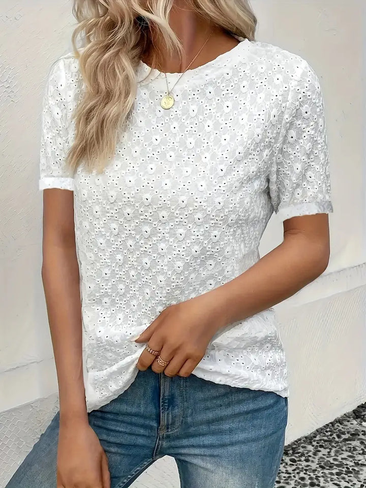 T-shirt da donna con ricamo in pizzo – maglietta femminile a maniche corte con scollo rotondo per estate, quotidiano e tempo libero