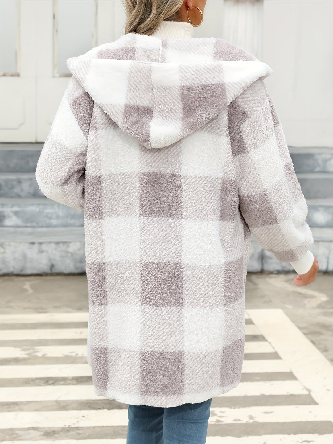 Lässiger hooded karierten Fleece-Strickwaren-Cardigan für Damen | Perfekt für den Alltag