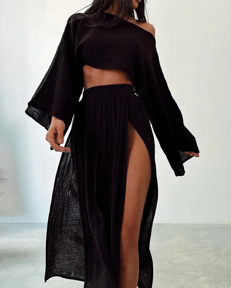 Set estivo da donna in due pezzi – top corto con maniche a pipistrello e gonna lunga con spacco in stile boho