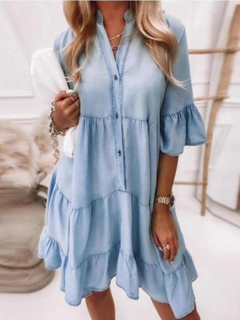 Lässiges Damen Hemdblusenkleid mit Knopfleiste – Lockeres Stufenkleid mit V-Ausschnitt und 3/4-Ärmeln – Sommerkleid für Alltag & Urlaub