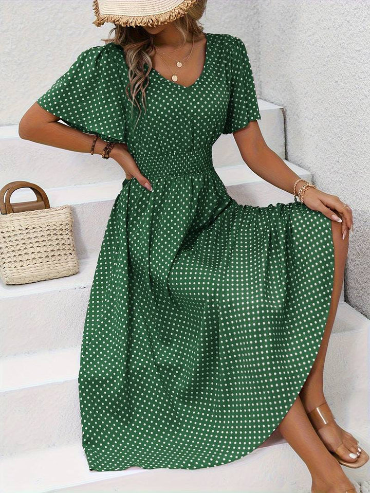 Abito midi da donna con pois e coulisse – Abito estivo arioso con scollo a V e maniche corte