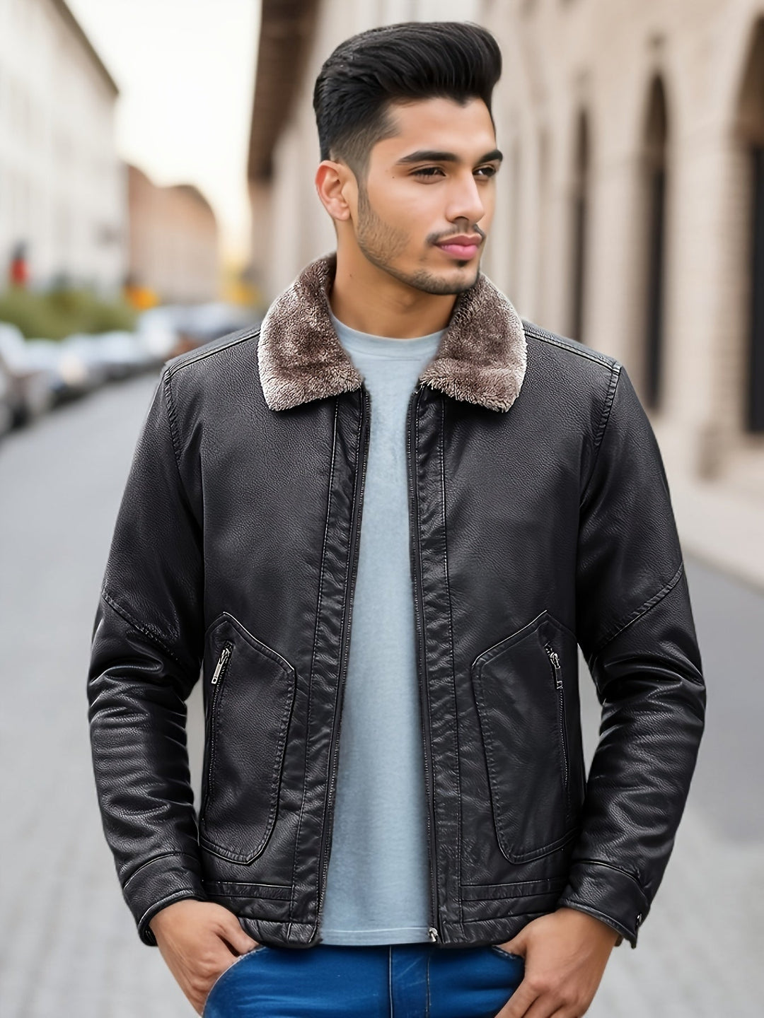 Casual Fleece Gefütterte PU Lederjacke Mit Schicker Reißverschlusstasche Für Herren | Perfekt für Casual Tage