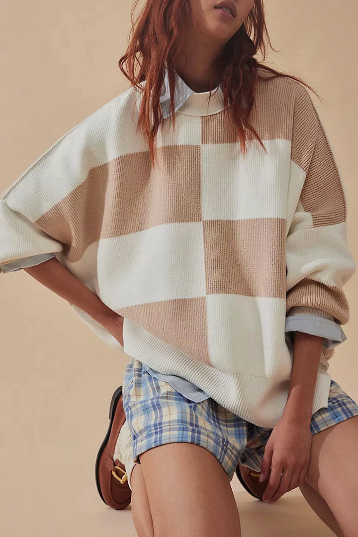 Klassischer Übergröße Strickpullover Mit Karomuster Für Frauen